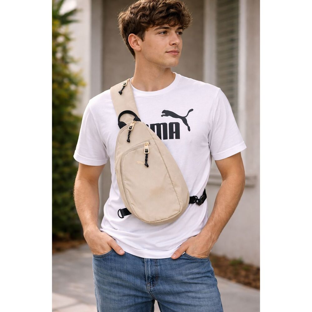 PUMA Beige Crossbody Shoulder Bag Zip Closure Outer Pockets Sports